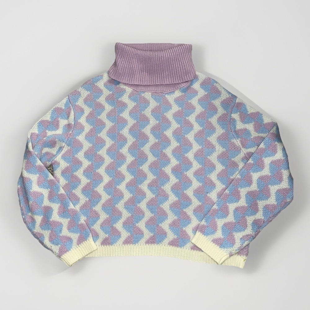 Women's Cotton Emporium Turtleneck L Pastel Pattern Knit Cropped Sweater Purple‎
